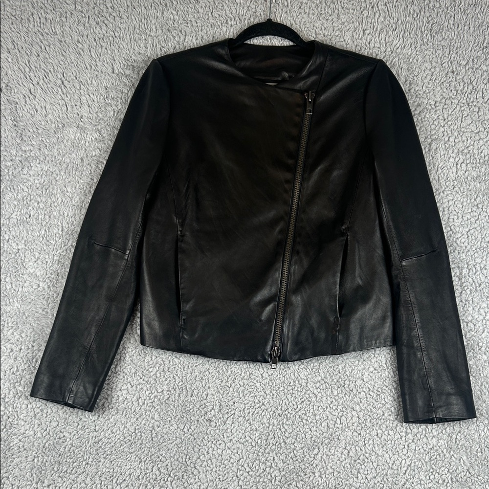 Vince Collarless Zip Front Moto Lamb Leather Black Jacket Women’s Size S